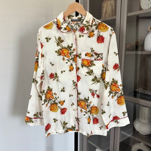 Alexander McQueen Floral Ivory Red Silk Blouse 40 Button Up Collared Sleep Top - Picture 1 of 6